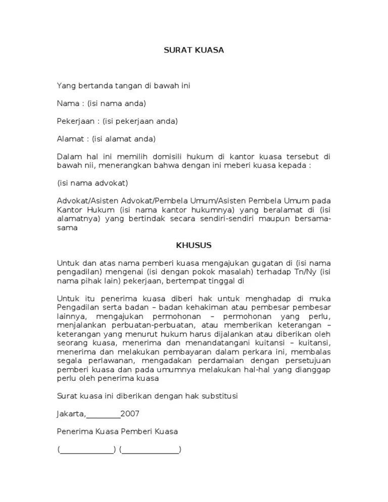 Dalam perkara gugatan terdapat dua pihak. Surat Kuasa Perdata Pdf