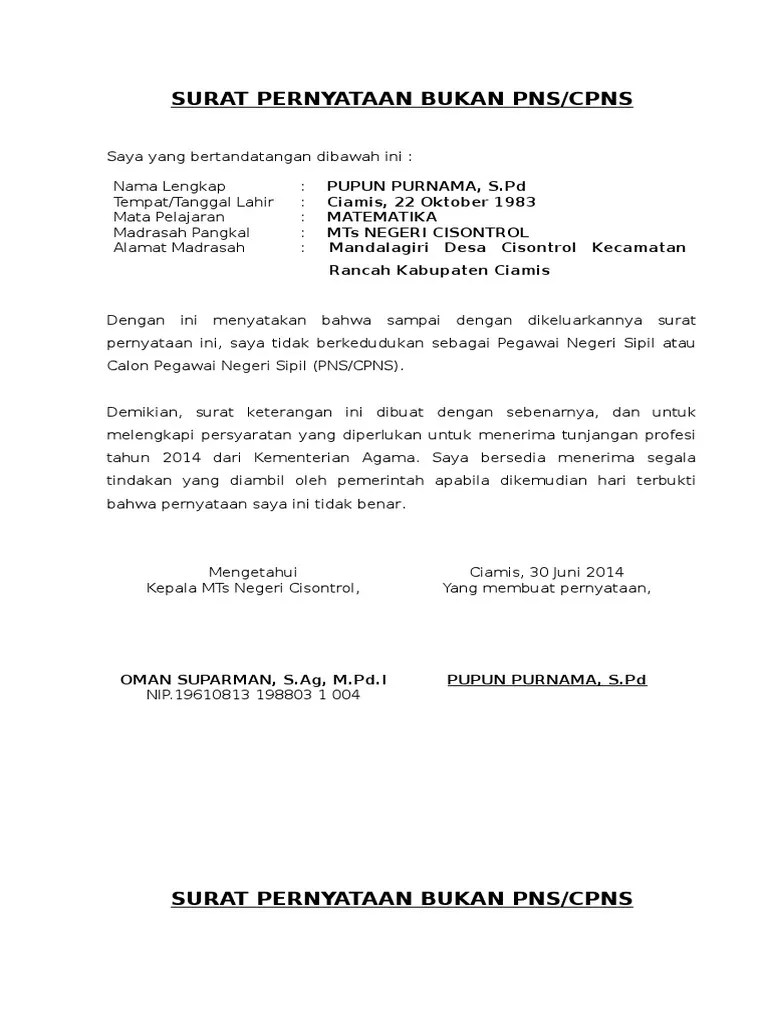Contoh Surat Pernyataan Bukan Cpns Pns Contoh Surat 22-24 Slipi Jakarta SURAT PERNYATAAN TIDAK BERSTATUS SEBAGAI PEGAWAI NEGERI SIPIL TNI POLRI DAN PEJABAT NEGARA.
