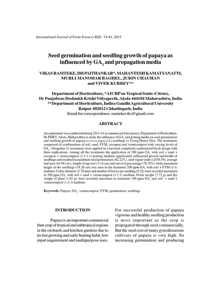 Seed Germination And Seedling Growth Of Papaya As Influenced By GA3 And ...