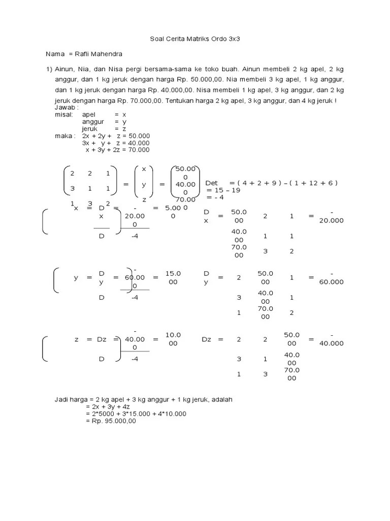 Soal Cerita Matriks Ordo 3x3 | PDF