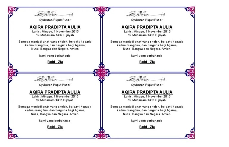 Kartu Nama Puputan Bayi Sudah tiga minggu sejak kembali dari rumah sakit tali pusat rayhan tak kunjung puput.