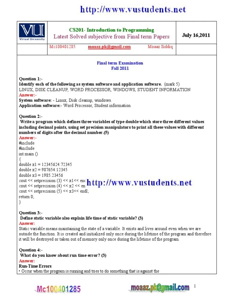 CS201 Final Term Solved Papers | PDF | Pointer (Computer Programming ...
