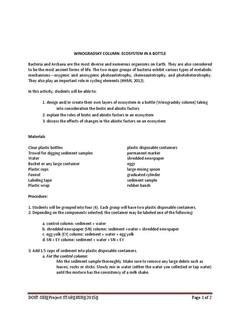 Winogradsky Column | PDF | Ecosystem | Biology