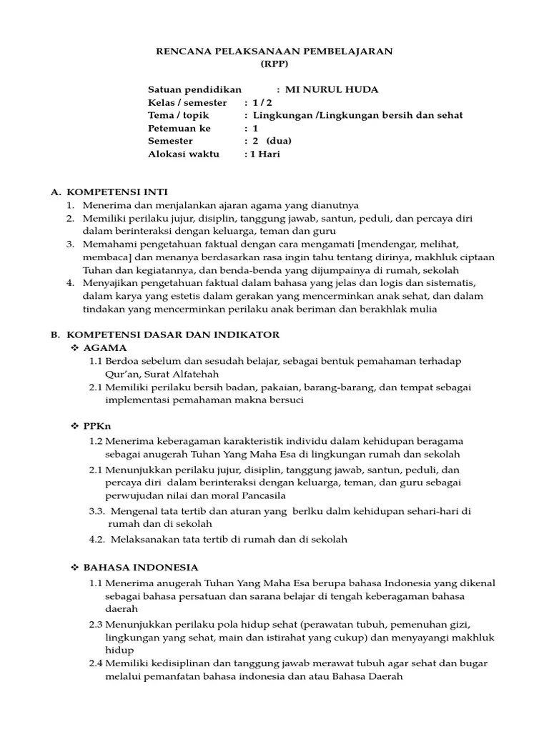 Contoh RPP Kelas 1 Tema Lingkungan | PDF