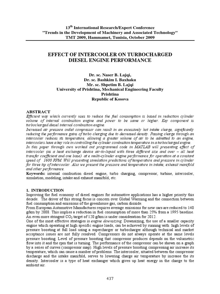 Effect Of Intercooler On Turbocharged Engine | PDF | Turbocharger | Internal Combustion Engine