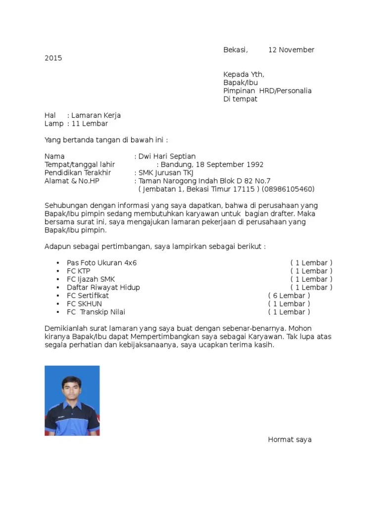 Contoh surat lamaran kerja lulusan smk jurusan tkj kedua. Surat Lamaran Dwi Hari Septian2 Pdf