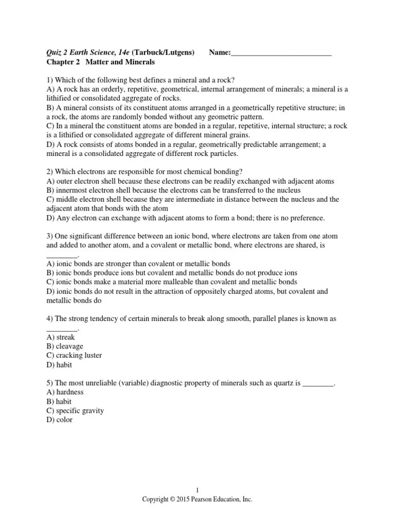 Earth Science Quiz | PDF | Minerals | Covalent Bond