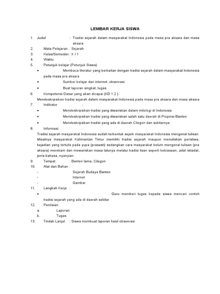 Regina tutik padmaningrum, msi**) pengertian lembar kerja siswa (lks) lks adalah media pembelajaran yang digunakan . Lks Sejarah X Pdf