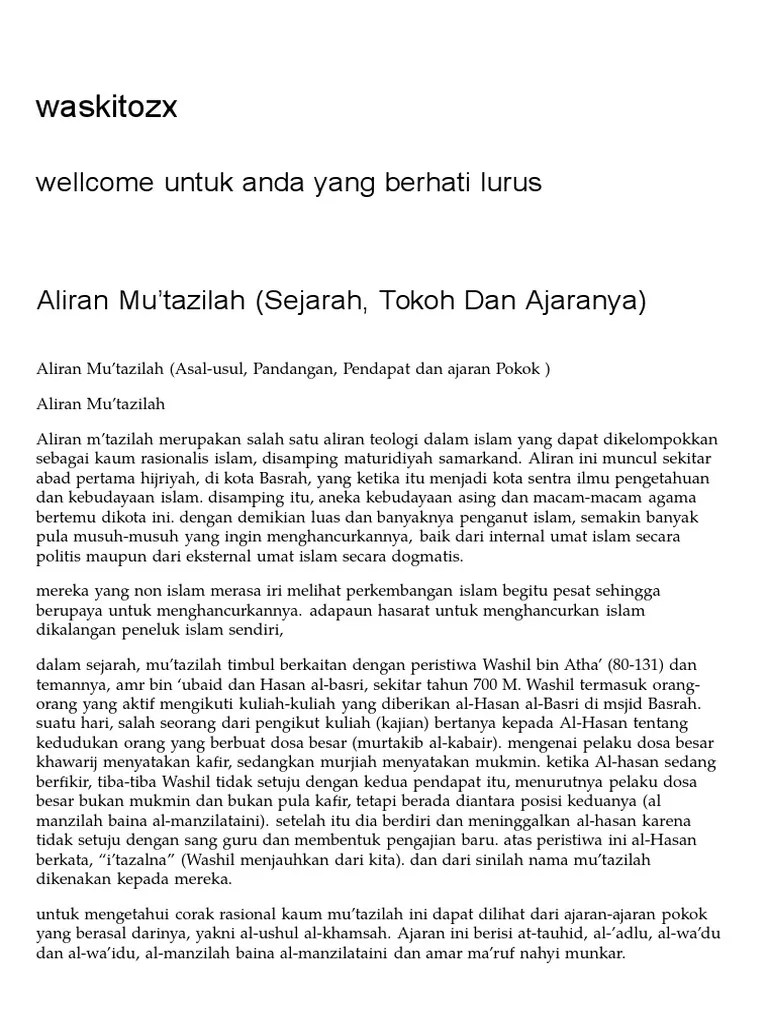 Aliran Mu&rsquo;Tazilah (Sejarah, Tokoh Dan Ajaranya) - Waskitozx | PDF