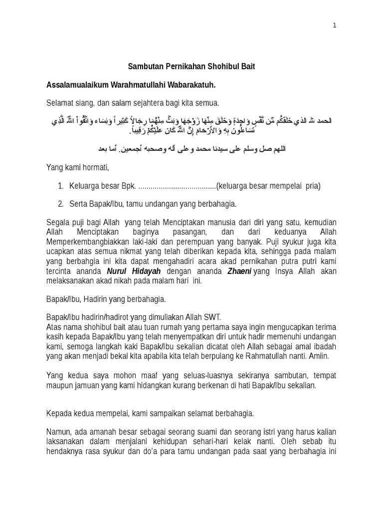 Para 'alim ulama, para ustadz, ustadzah, yang dimuliakan allah dan yang kami selalu ta'dzimi. Kata Sambutan Pernikahan Shohibul Bait Pdf