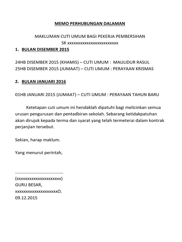 Berikut adalah contoh surat kenaikan gaji karyawan. Memo Dalaman Cuti Pekerja Pembersihan 2 Pdf