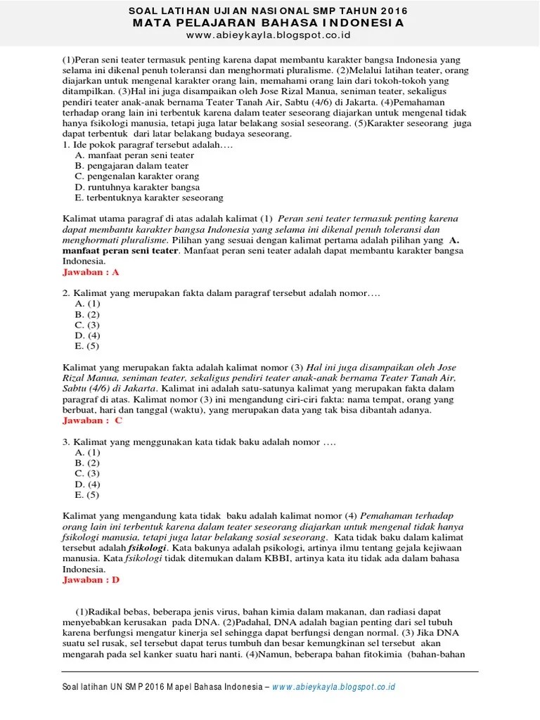 Kisi kisi usbn sd/mi 2019/2020, soal prediksi un sd/mi 2020 pdf, soal prediksi . Soal Un Bahasa Indonesia Smp 2016 Pdf