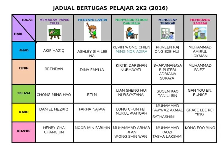 Jadual bertugas pelajar 2k2 (2016). Template Jadual Bertugas Kelas Pdf