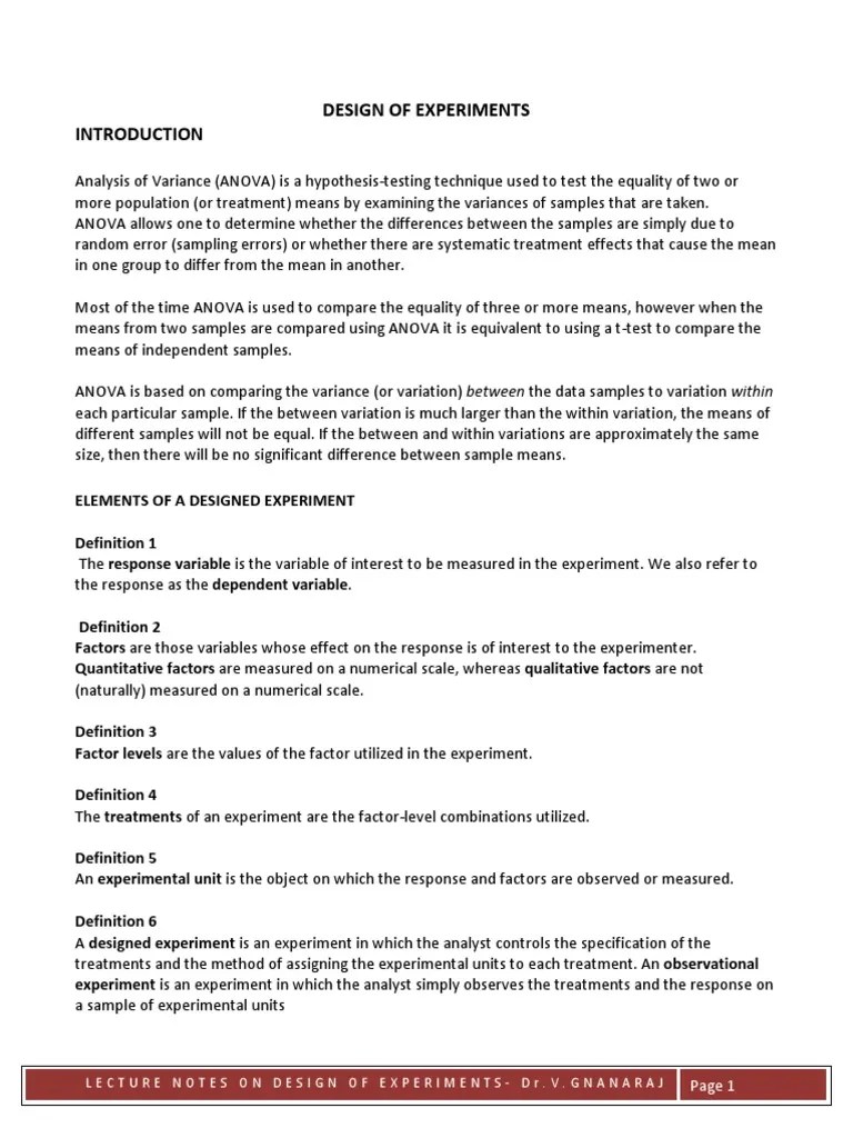 LECTURE Notes On Design Of Experiments | PDF | Analysis Of Variance ...