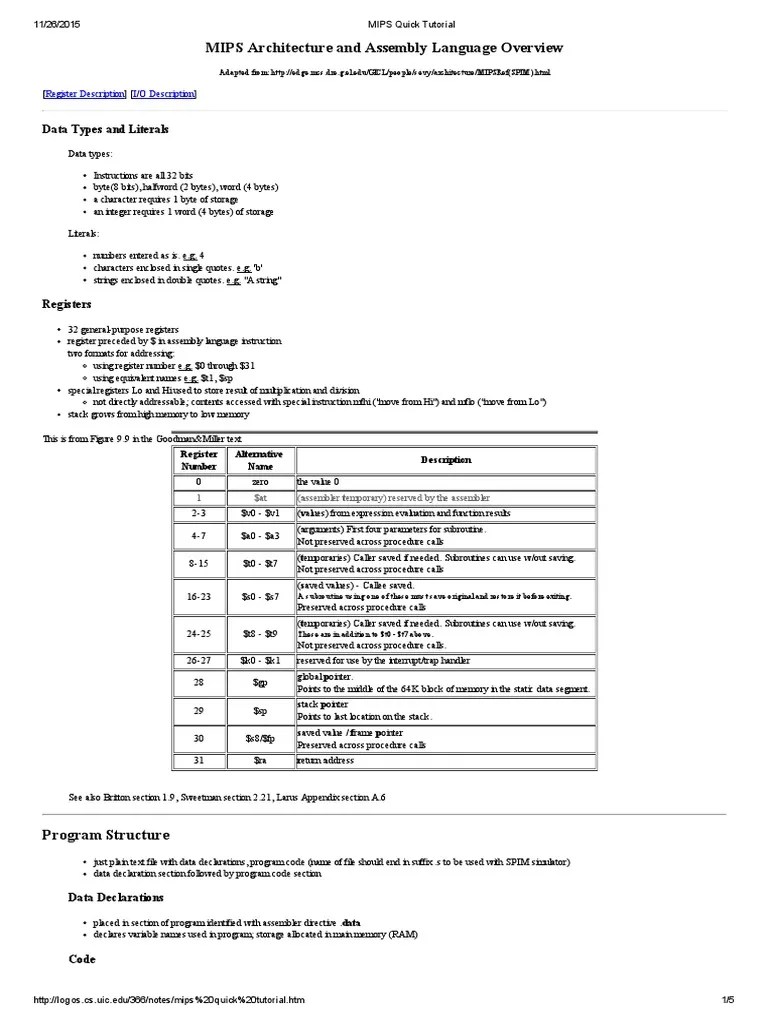 MIPS Quick Tutorial | Download Free PDF | Subroutine | String (Computer ...