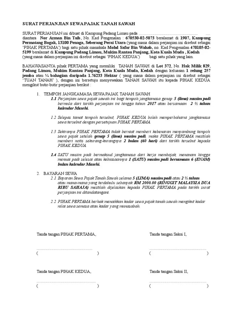 Contoh surat perjanjian sewa tanah di malaysia dapatkan contoh. Contoh Surat Perjanjian Pajakan Tanah Sawit