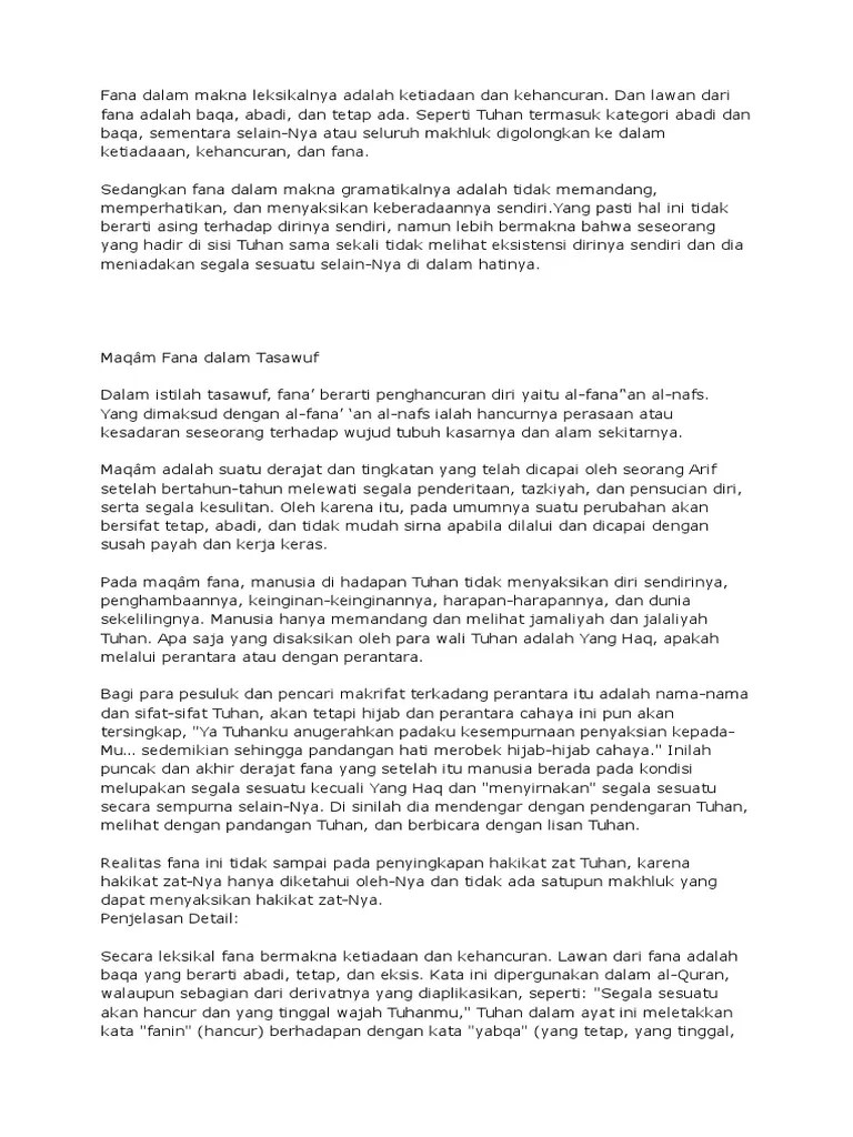 Fana Dalam Makna Leksikalnya Adalah Ketiadaan Dan Kehancuran | PDF