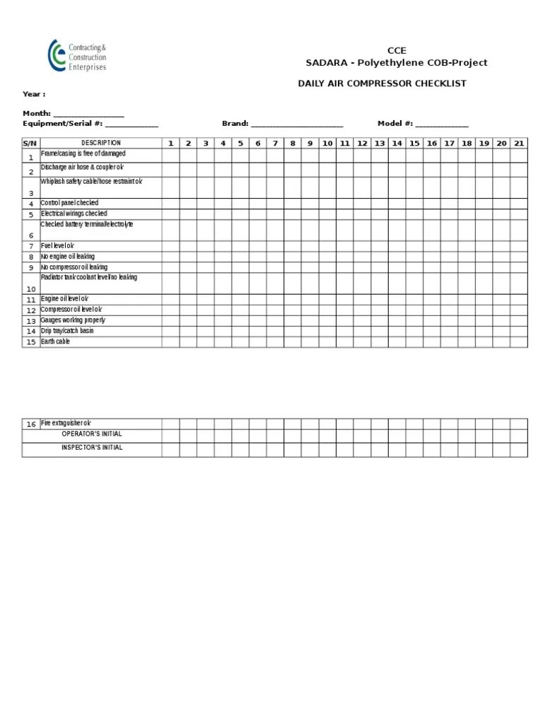 Welding Machine Checklist Format