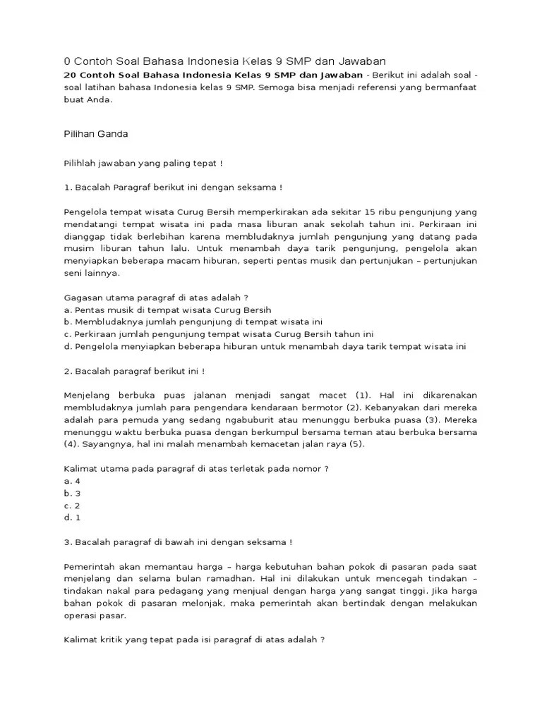 Soal uas bahasa indonesia kelas 8 semester 2 dan jawabannya. Soal Bahasa Indonesia Kelas 9 Smp Dan Jawaban