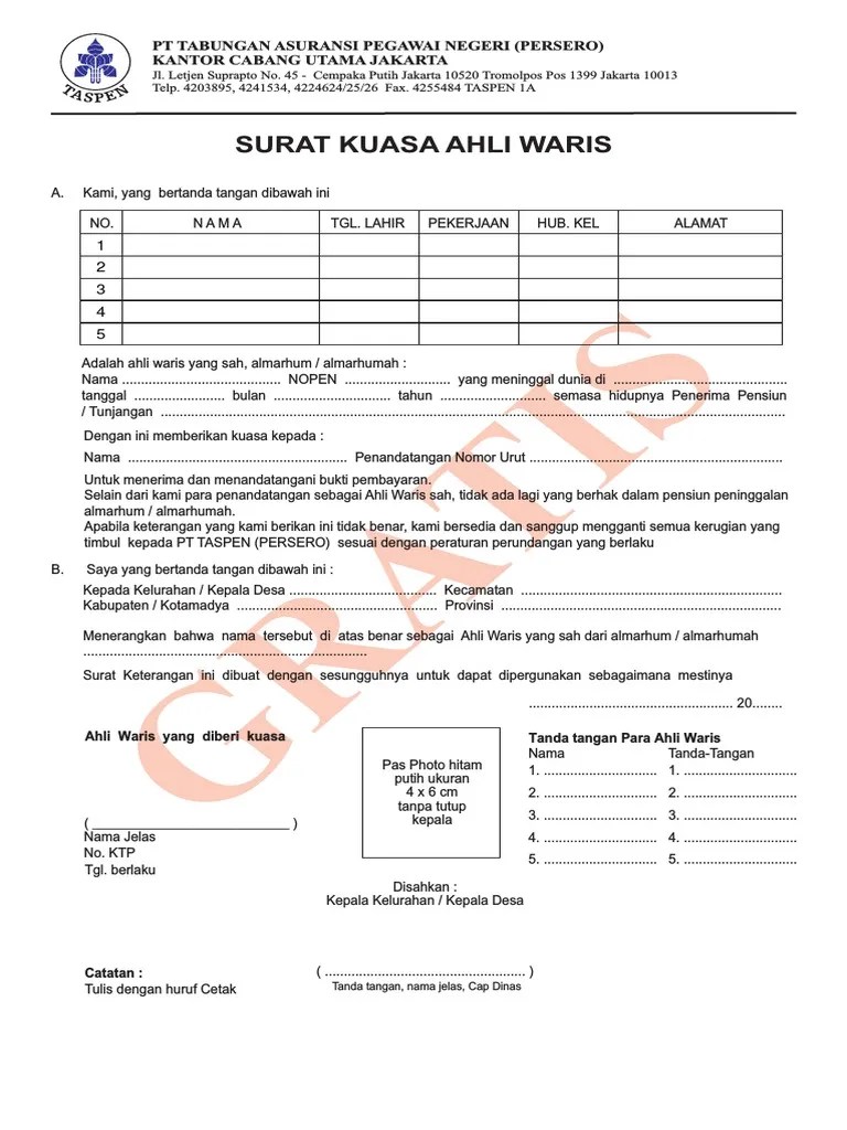 Kami semua adalah ahli waris yang sah dari almarhum/almarhumah : Surat Kuasa Ahli Waris