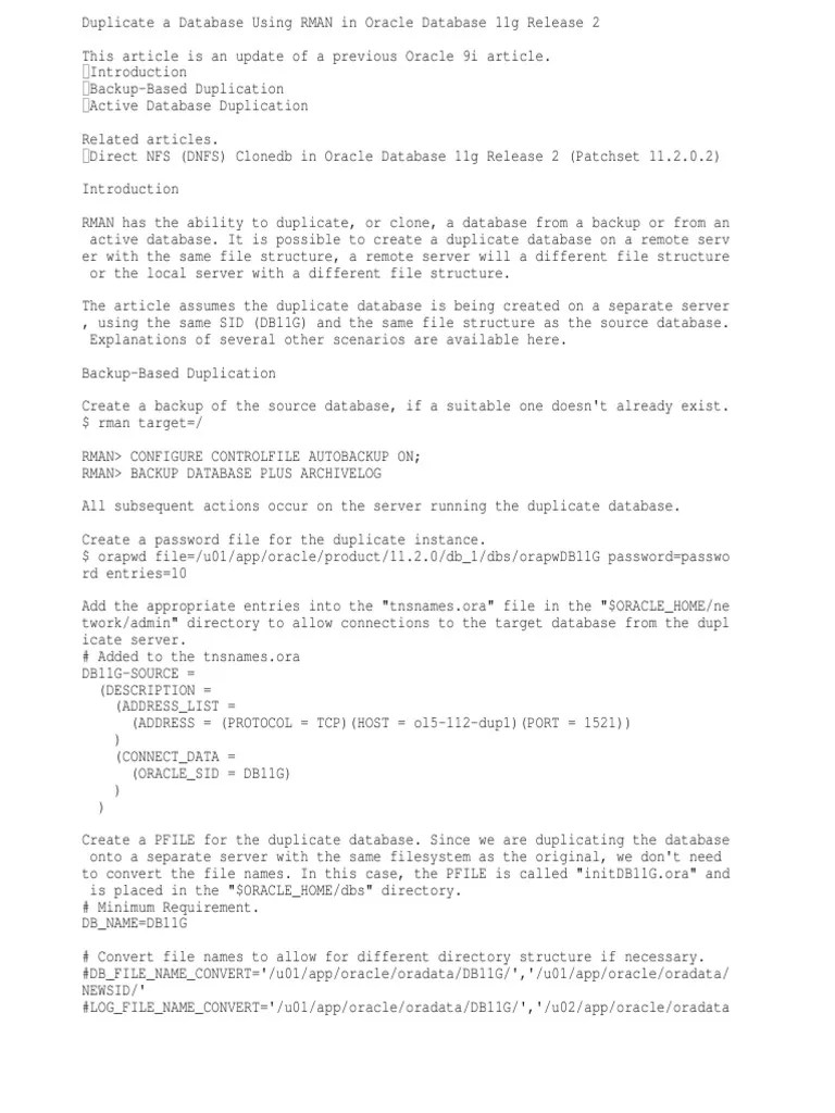 RMAN Duplicate | PDF | Oracle Database | Port (Computer Networking)
