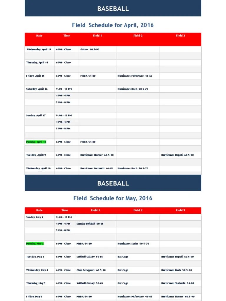 2016 Baseball Calendar PDF Sports Team Sports 1