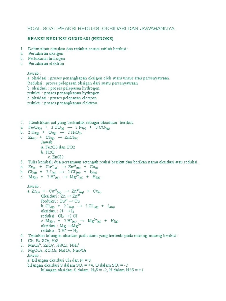 Materi reaksi redoks yang meliputi pengertian redoks, reduktor dan oksidator, mencari biloks, penyetaraan reaksi redoks harus di pelajari . Soal Soal Reaksi Reduksi Oksidasi Dan Ja Pdf