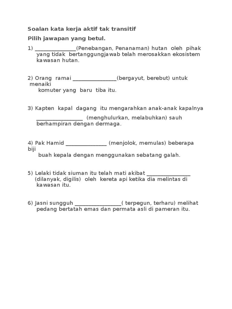 Kata Kerja Tak Transitif Tahun 3 : Kata Kerja Transitif Tahun 1