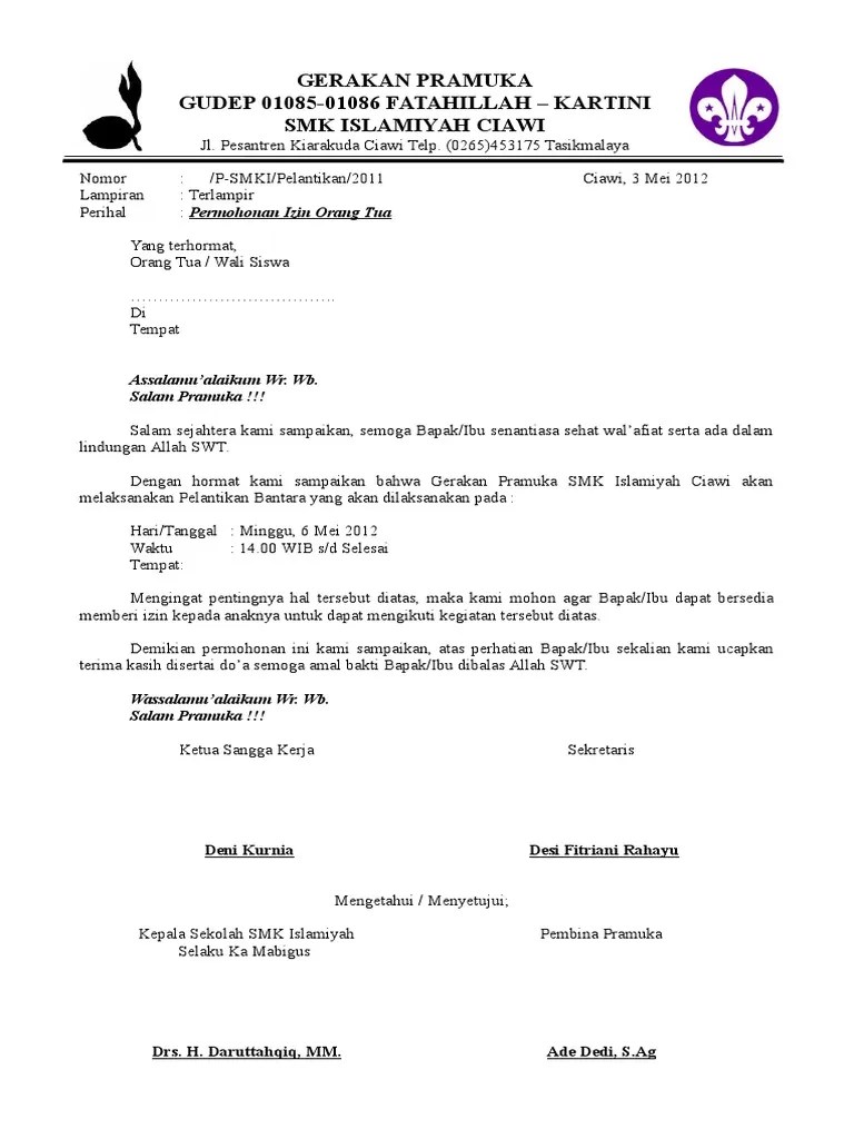 Contoh Surat Izin Orang Tua Untuk Mengikuti Kegiatan Pramuka Pdf Nusagates 