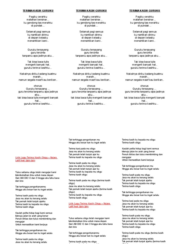 Di hari guru nasional, tentu tak lepas dari lagu bertema terimakasih guruku. Lirik Lagu Terima Kasih Guruku Pdf