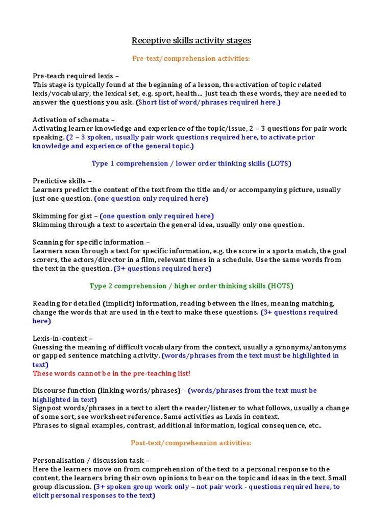 Receptive Skills Activity Stages | PDF | Reading Comprehension ...