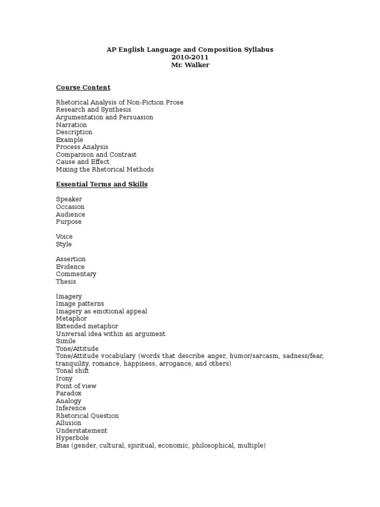 AP Language And Composition Syllabus 10-11 | PDF | Essays | Rhetoric