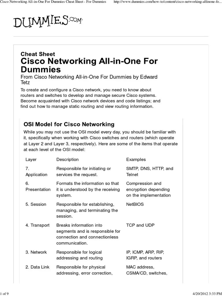 Cisco Networking All-In-One Cheat Sheet | PDF | Network Switch ...