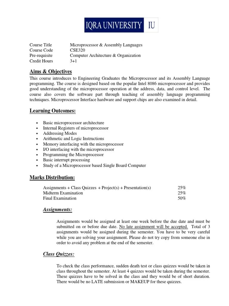 Course Outline Microprocessor & Assembly Language Programming | PDF ...
