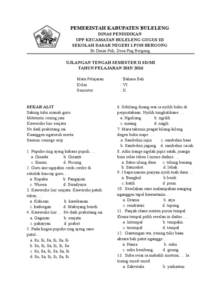 Soal ulangan bahasa bali kelas 12 semester 1. Soal Uts Bahasa Bali Kelas Vi