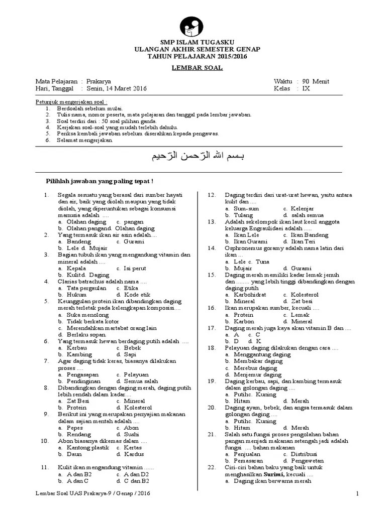 soal uts ipa kelas 9 semester 1 kurikulum 2013soal uts ipa. Soal Prakarya Kelas 9 Semester 1 Beserta Jawaban