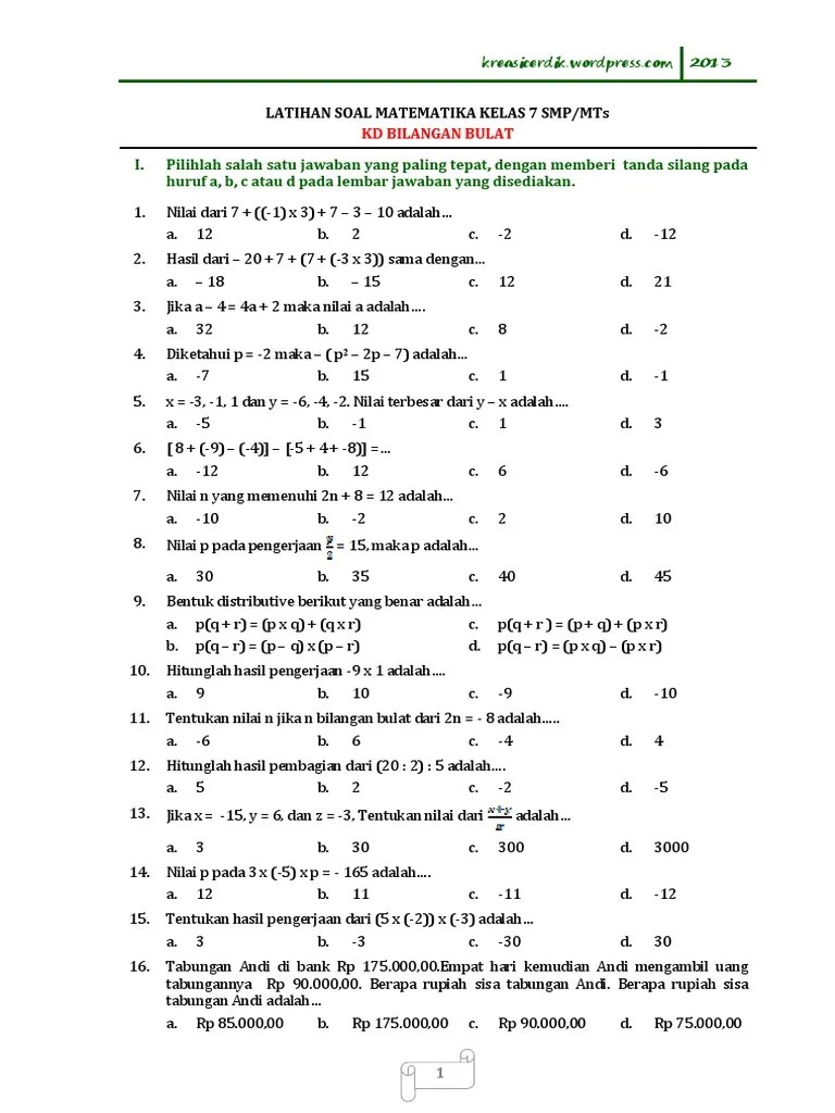 Nilai rataan kelas pertama, ke2 dan ke3 adalah 7, 8 dan 7. 1 1 1 Latihan Soal Matematika Smp Mts Kelas 7 Bilangan Bulat Pdf