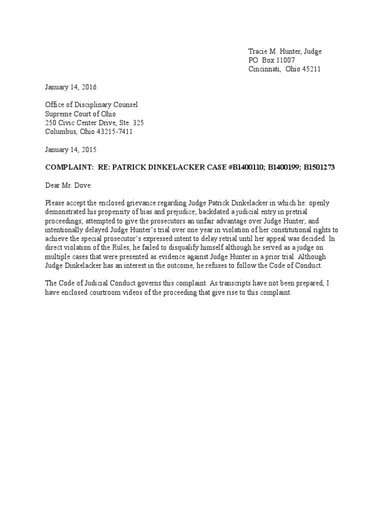 Judge Tracie Hunters Complaint Against Judge Dinkelacker 1-12-15 | PDF ...