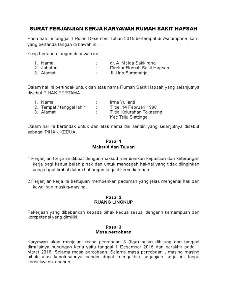 Surat Perjanjian Kerja Karyawan Administrasi | PDF