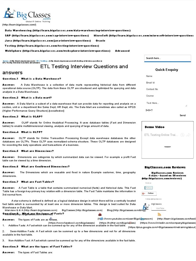 19 ETL Testing Interview Questions And Answers - ETL In Cts | PDF ...