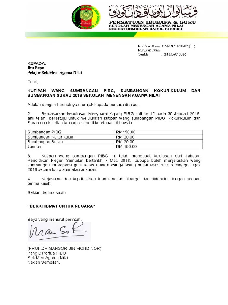 Contoh surat rayuan penangguhan bayaran yuran semester contoh resume. Surat Kutipan Yuran Pibg Pdf