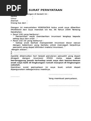 Demikian surat pernyataan ini , saya buat dengan . Contoh Surat Pernyataan Penolakan Imunisasi Pdf