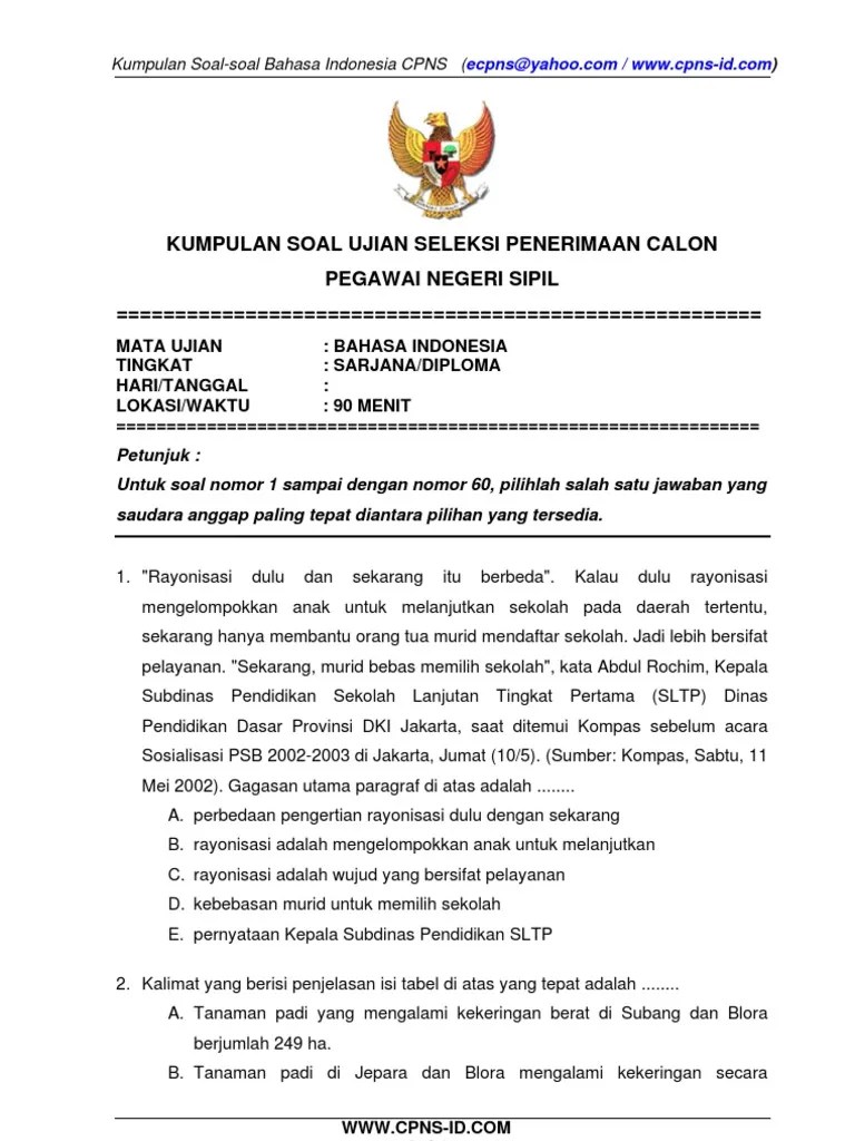 Latihan soal tes cpns soal cpns bahasa indonesia + pembahasan 1. Soal Cpns Bahasa Indonesia Pdf