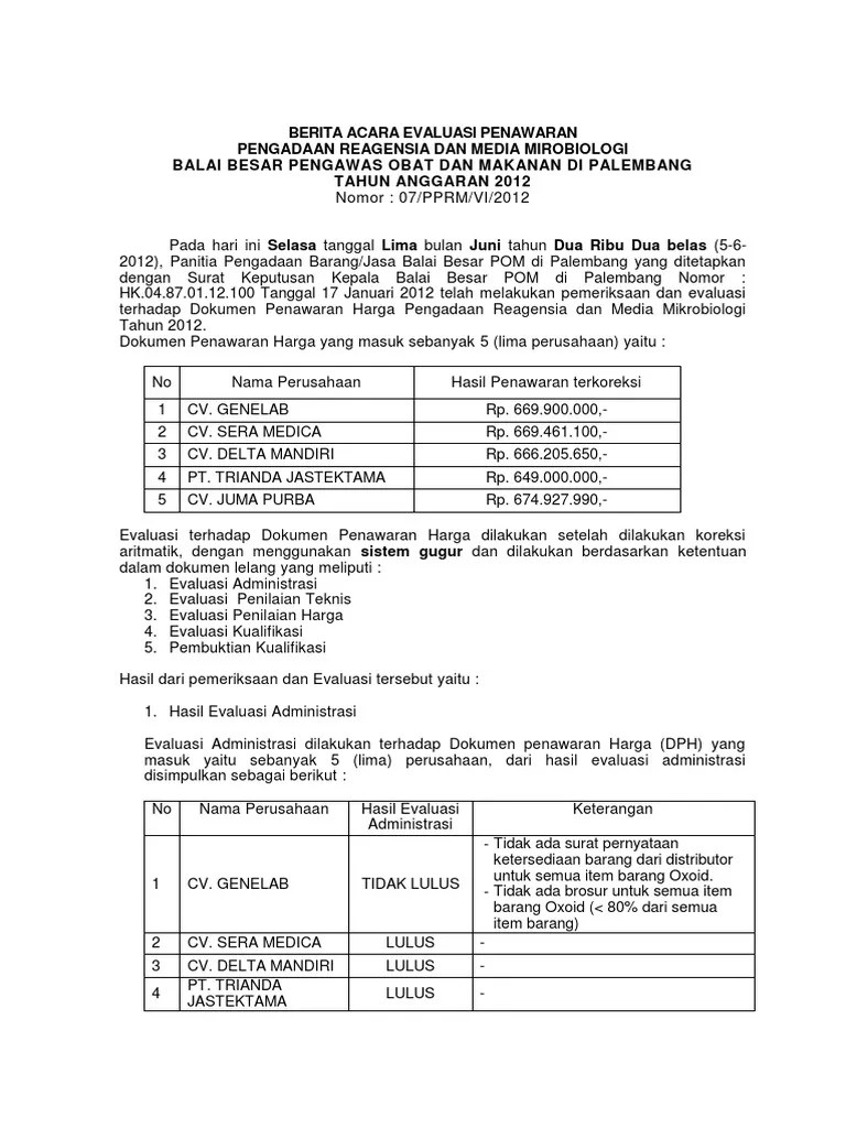 Berita Acara Evaluasi Penawaran Reagensia | PDF