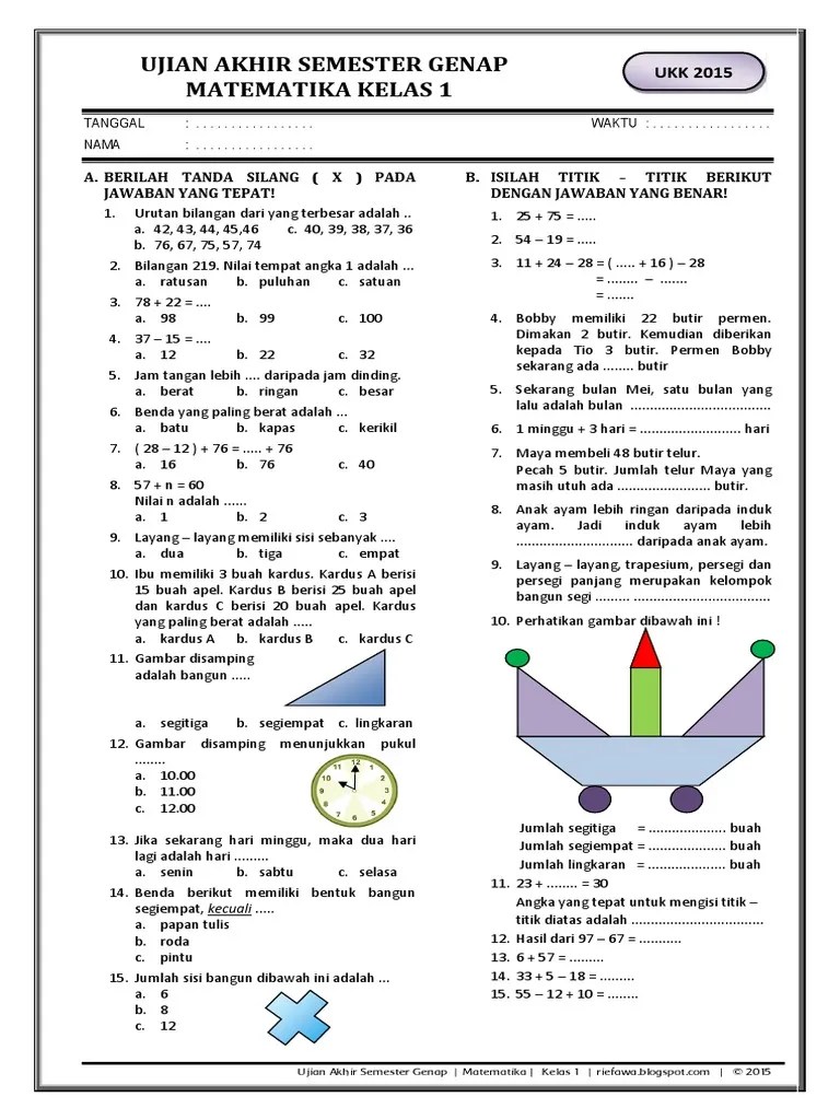 soal ph matematika kelas 4 semester 2 k13 tahun 2020 &amp;mldr; Ukk Matematika Kls 1 Pdf Pdf