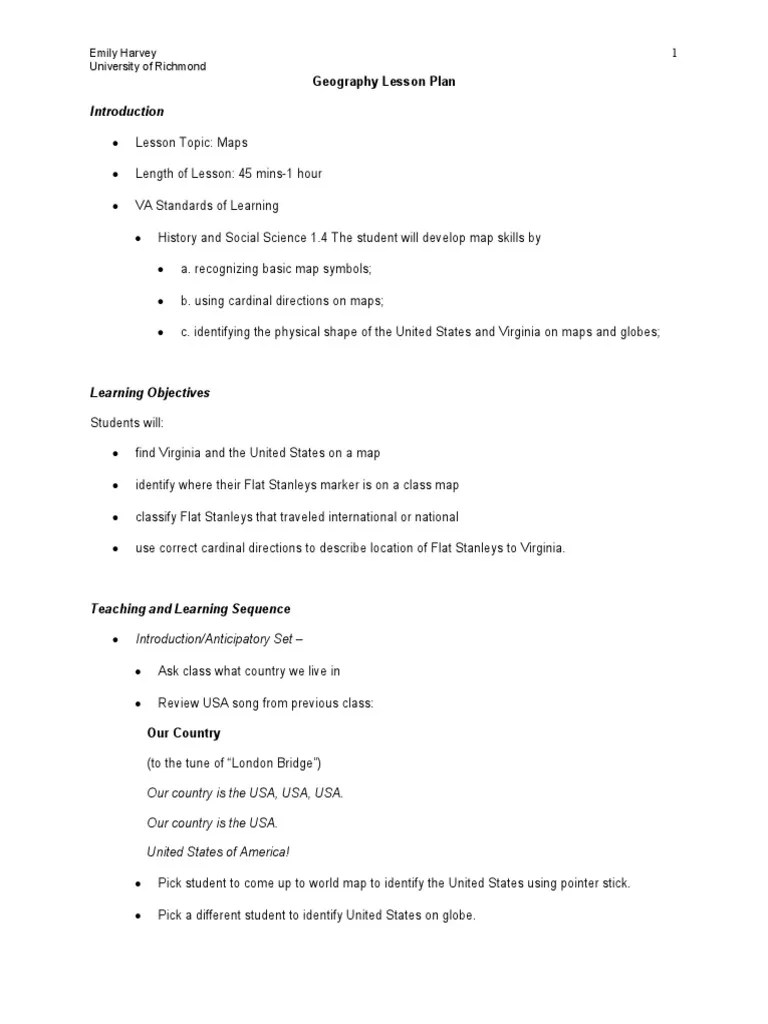 Geography Lesson Plan: Emily Harvey 1 University Of Richmond | PDF ...