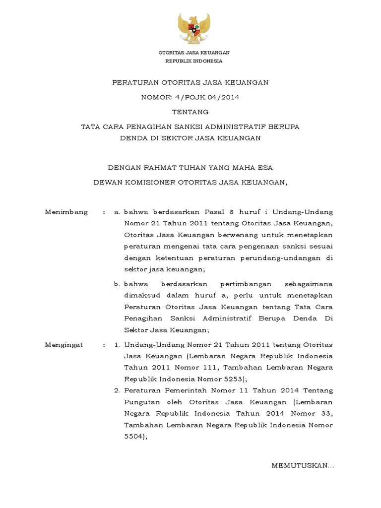 POJK No. 4 TTG TT Cara Penagihan Sanksi Administratif Berupa Denda Di  Sektor Jasa Keuangan | PDF