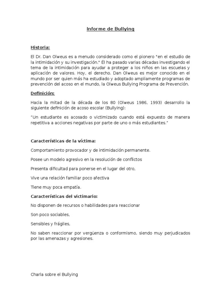 Profesor (a quien está dirigido el informe). Informe Sobre El Bullying Escolar