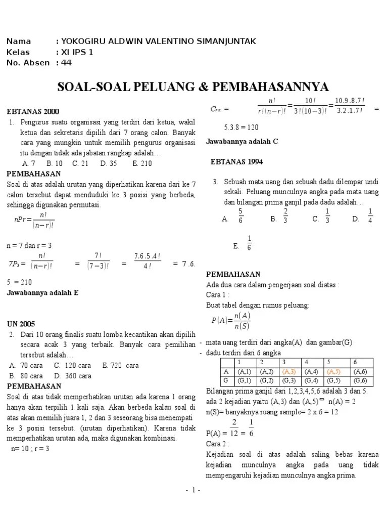 Berikut contoh soal peluang, soal matematika kelas 8 smp/ mts lengkap dengan kunci jawaban dan pembahasan. Soal Soal Peluang Dan Pembahasannya Ebtanas Uan Pdf