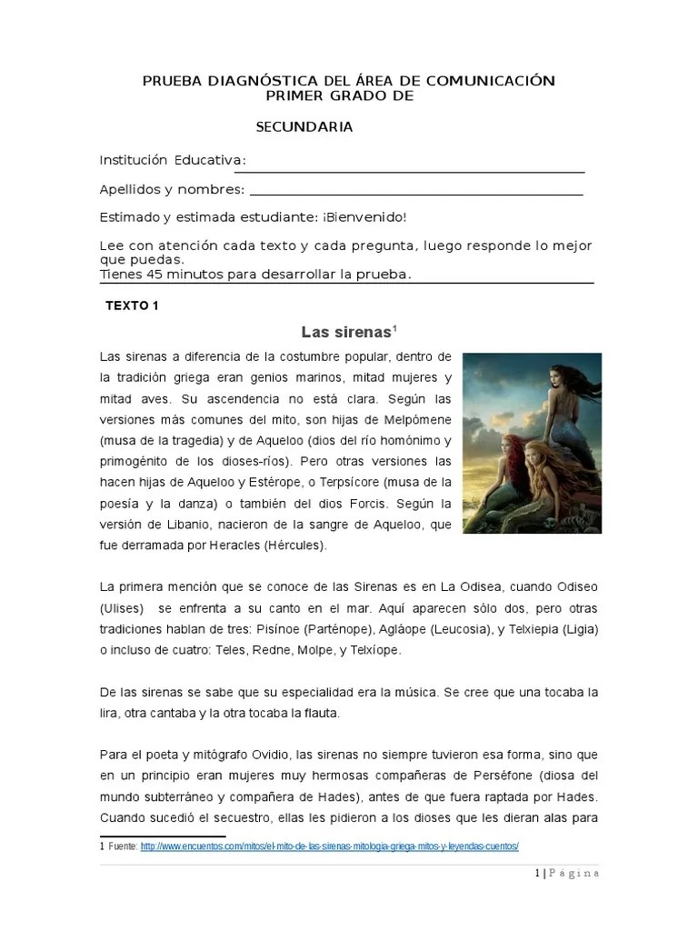 Evaluación Diagnóstica COMUNICACIÓN - 1° GRADO | PDF | Sirena ...